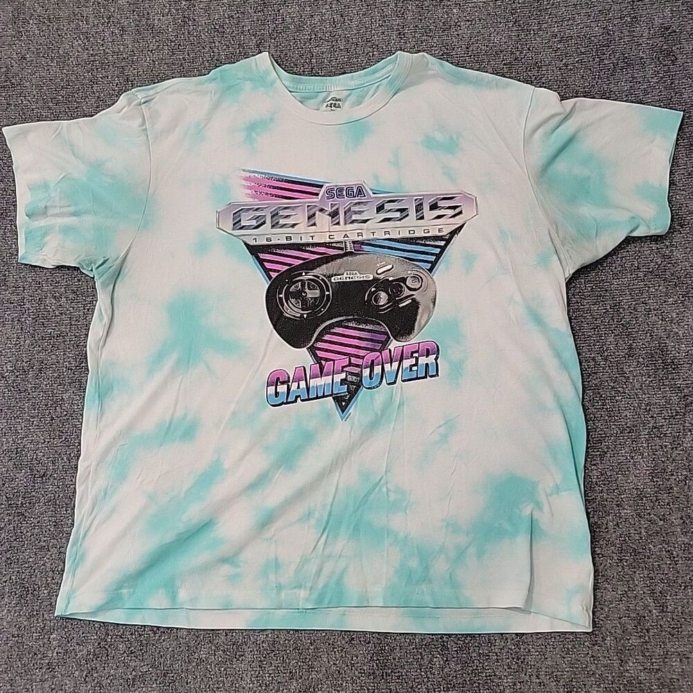 Sega Genesis TShirt Sz XL Tie Dye Blue Adult Game Over 8-bit Retro Single Stitch